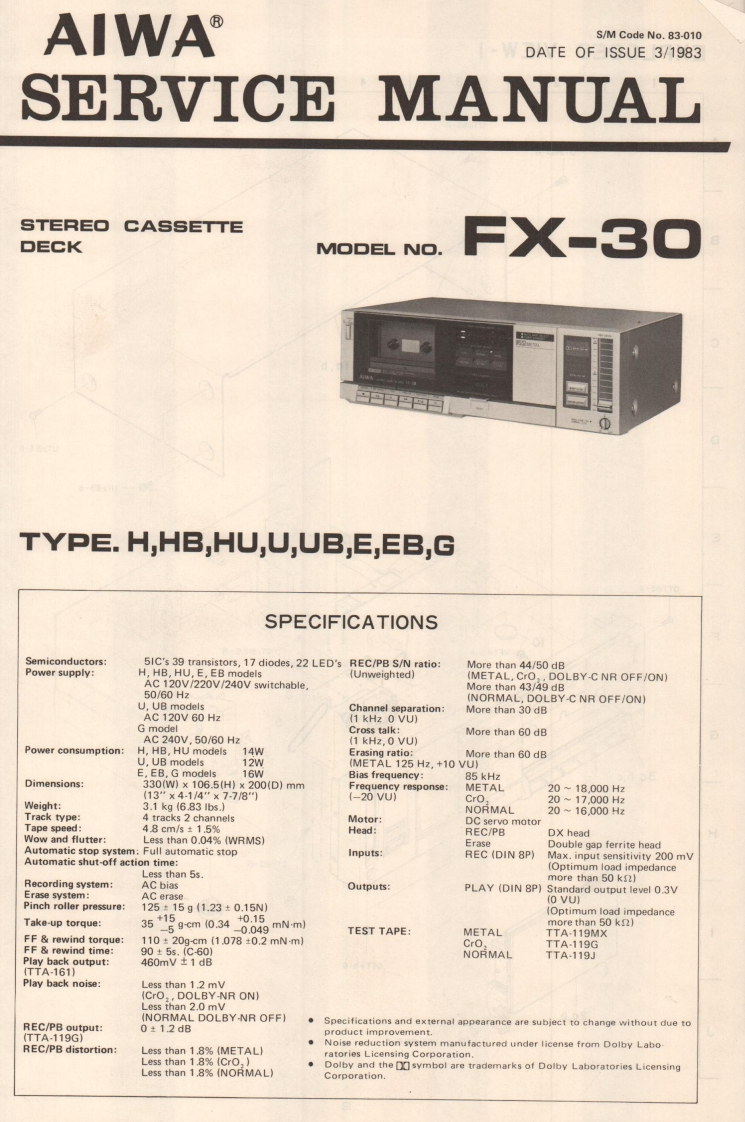 Aiwa-FX30-tape-维修说明书手册含电器原理图