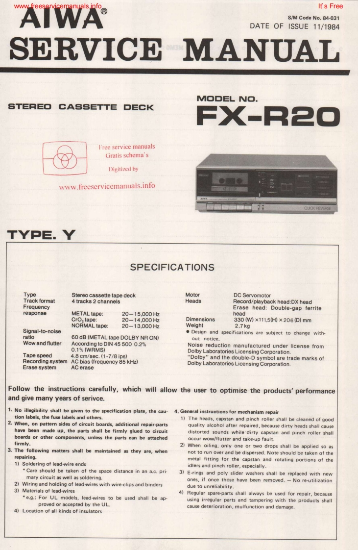 Aiwa-FXR20-tape-维修说明书手册含电器原理图