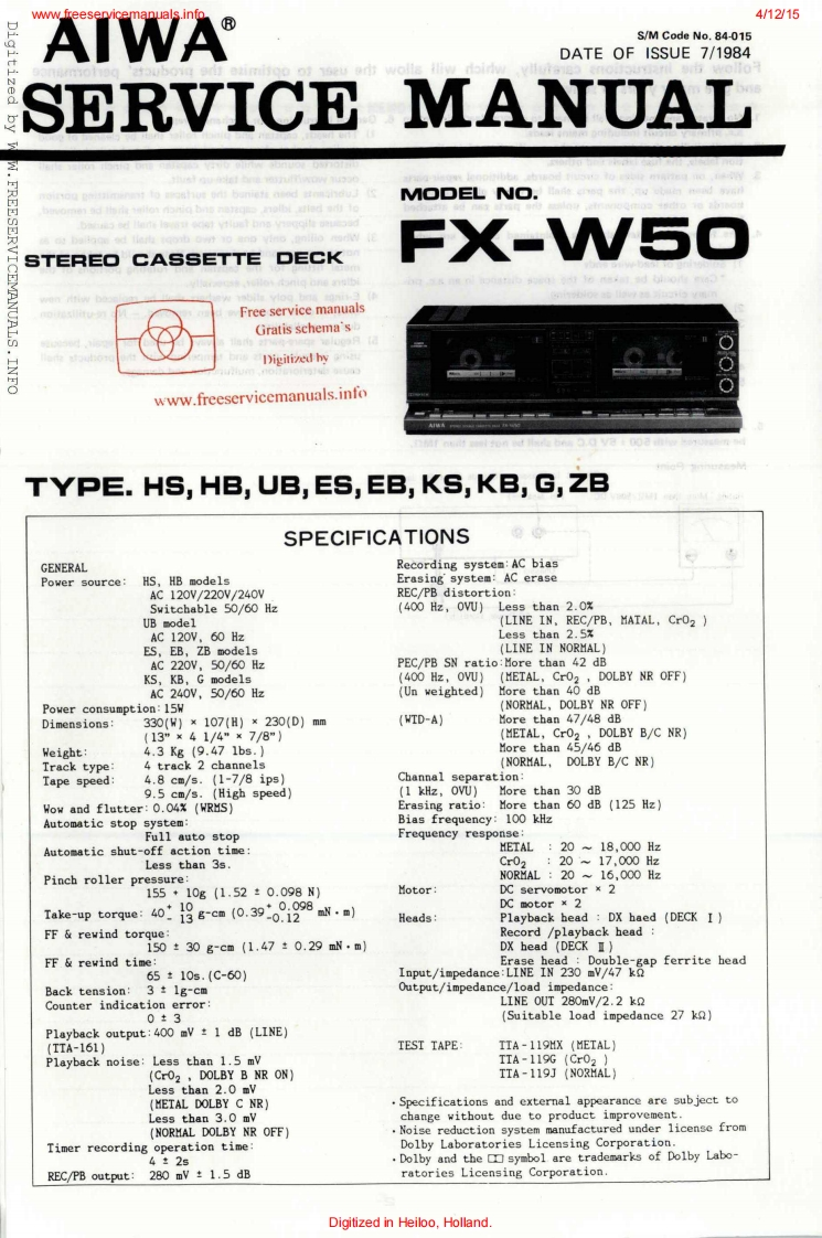 Aiwa-FXW50-tape-维修说明书手册含电器原理图
