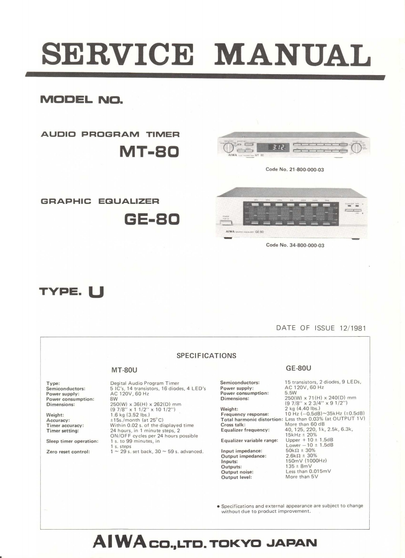 Aiwa-GE80-eq-维修说明书手册含电器原理图