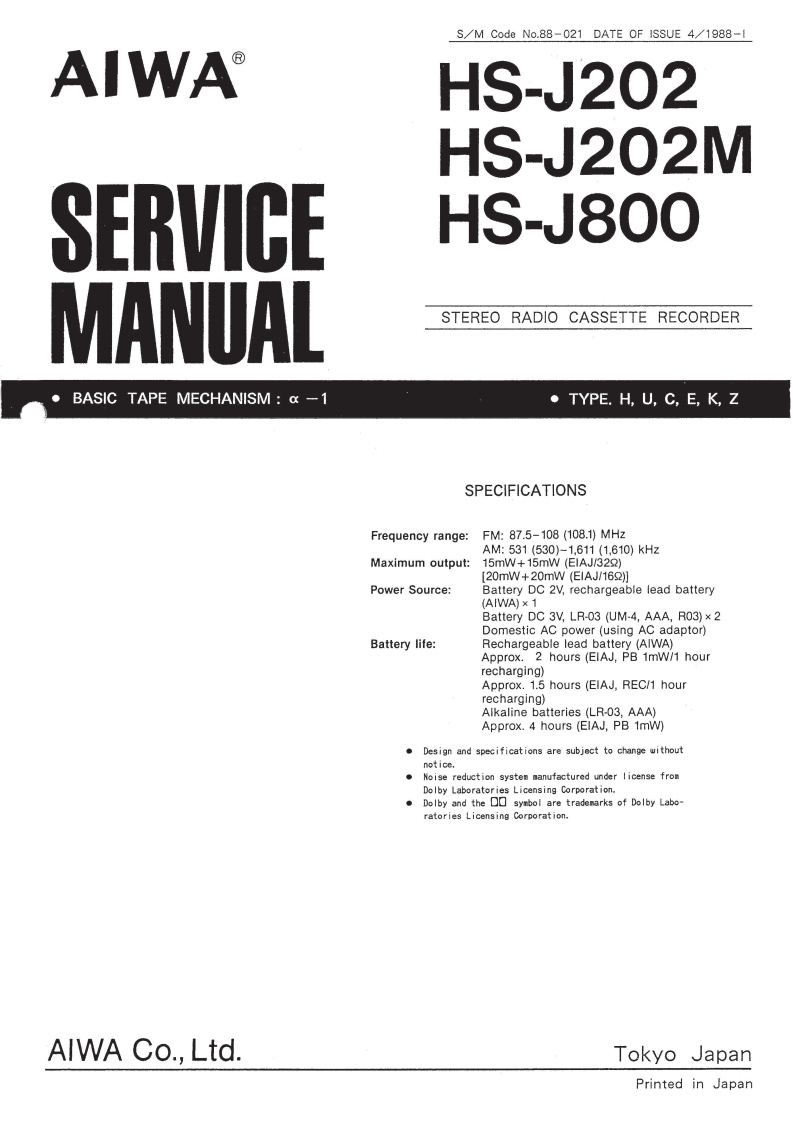 Aiwa-HSJ202-tape-维修说明书手册含电器原理图