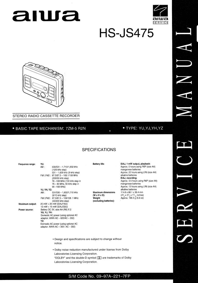 Aiwa-HSJS475-tape-维修说明书手册含电器原理图