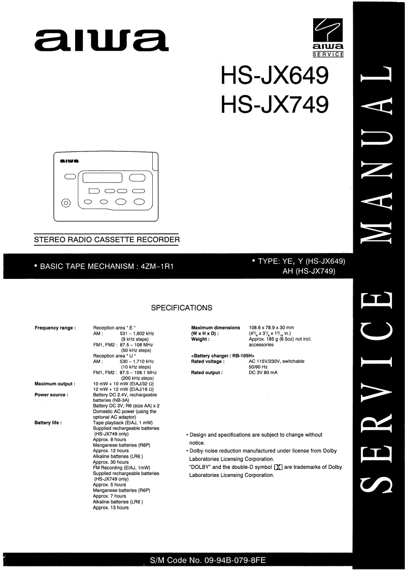 Aiwa-HSJX649-tape-维修说明书手册含电器原理图