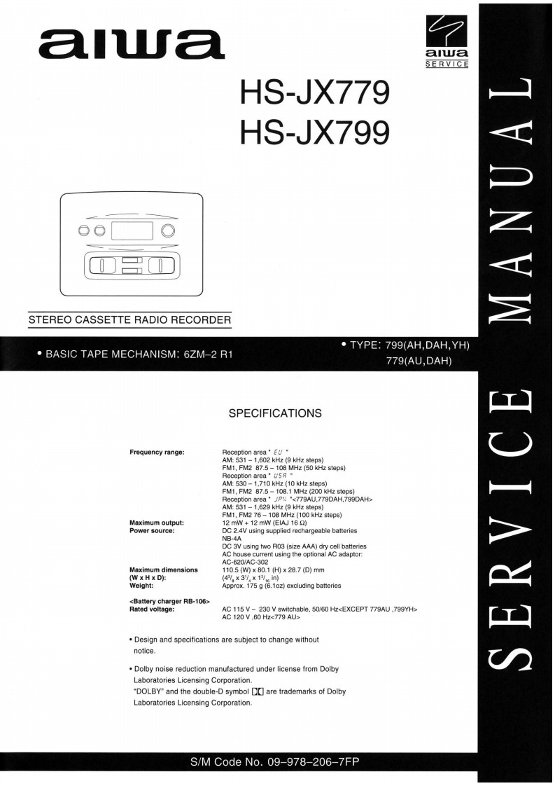 Aiwa-HSJX779-tape-维修说明书手册含电器原理图