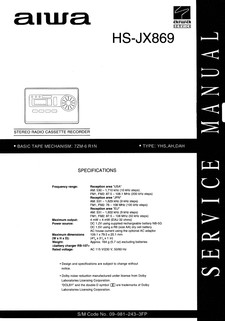 Aiwa-HSJX869-tape-维修说明书手册含电器原理图