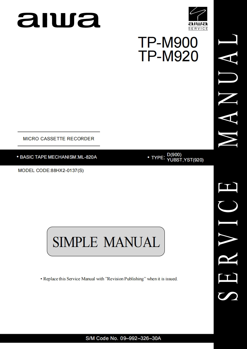 Aiwa-TPM920-tape-维修说明书手册含电器原理图