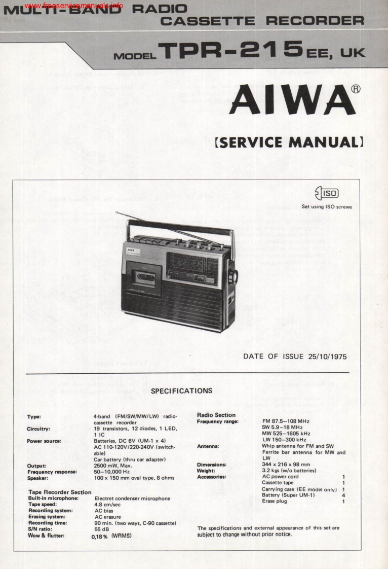 Aiwa-TPR215-tape-维修说明书手册含电器原理图
