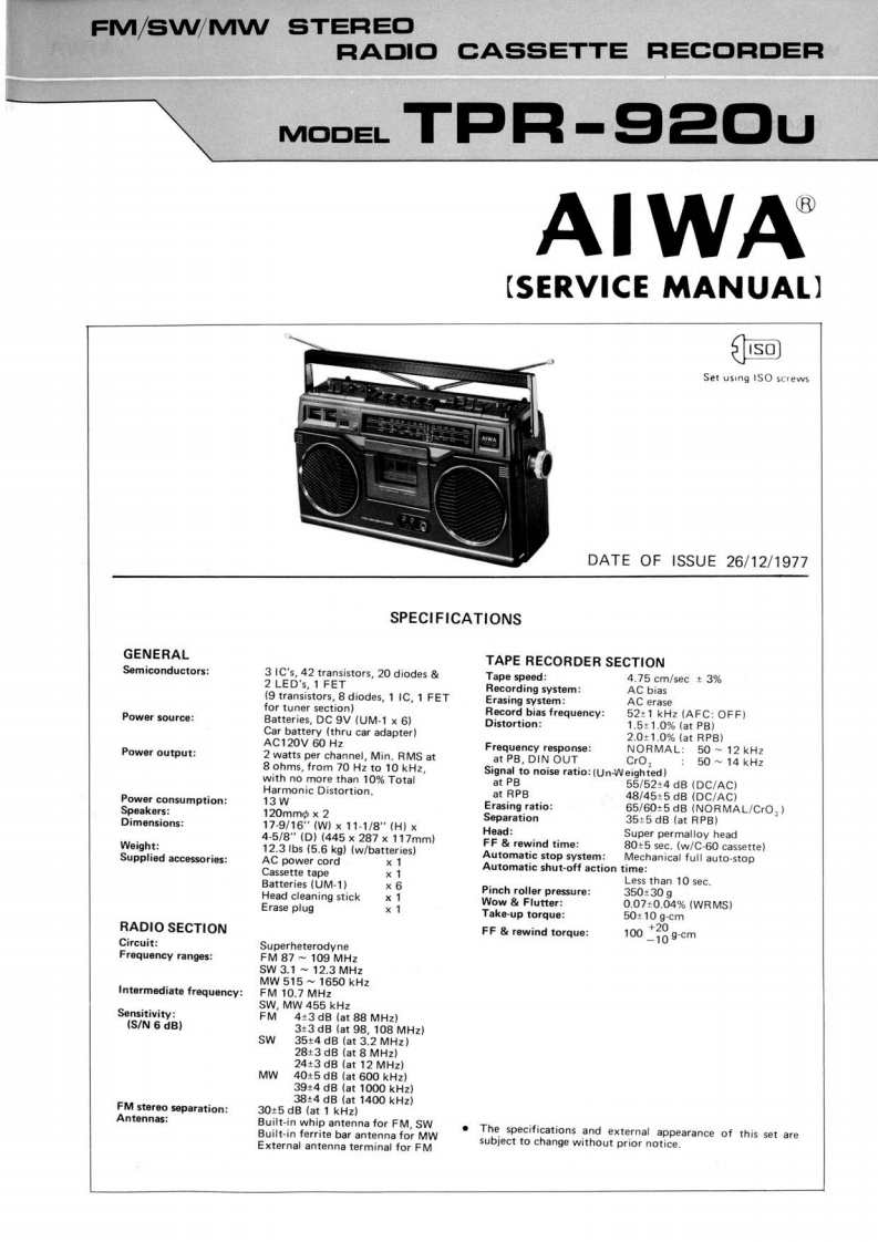 Aiwa-TPR920-tape-维修说明书手册含电器原理图