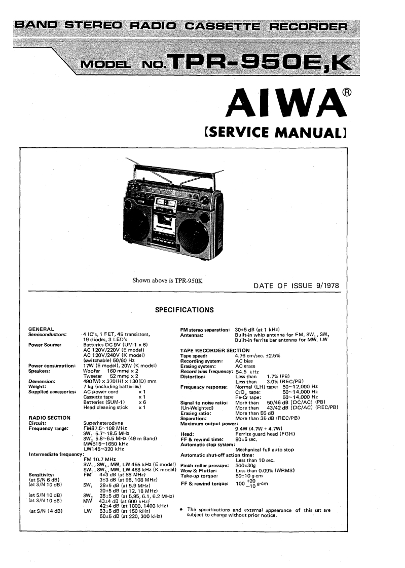 Aiwa-TPR950-tape-维修说明书手册含电器原理图