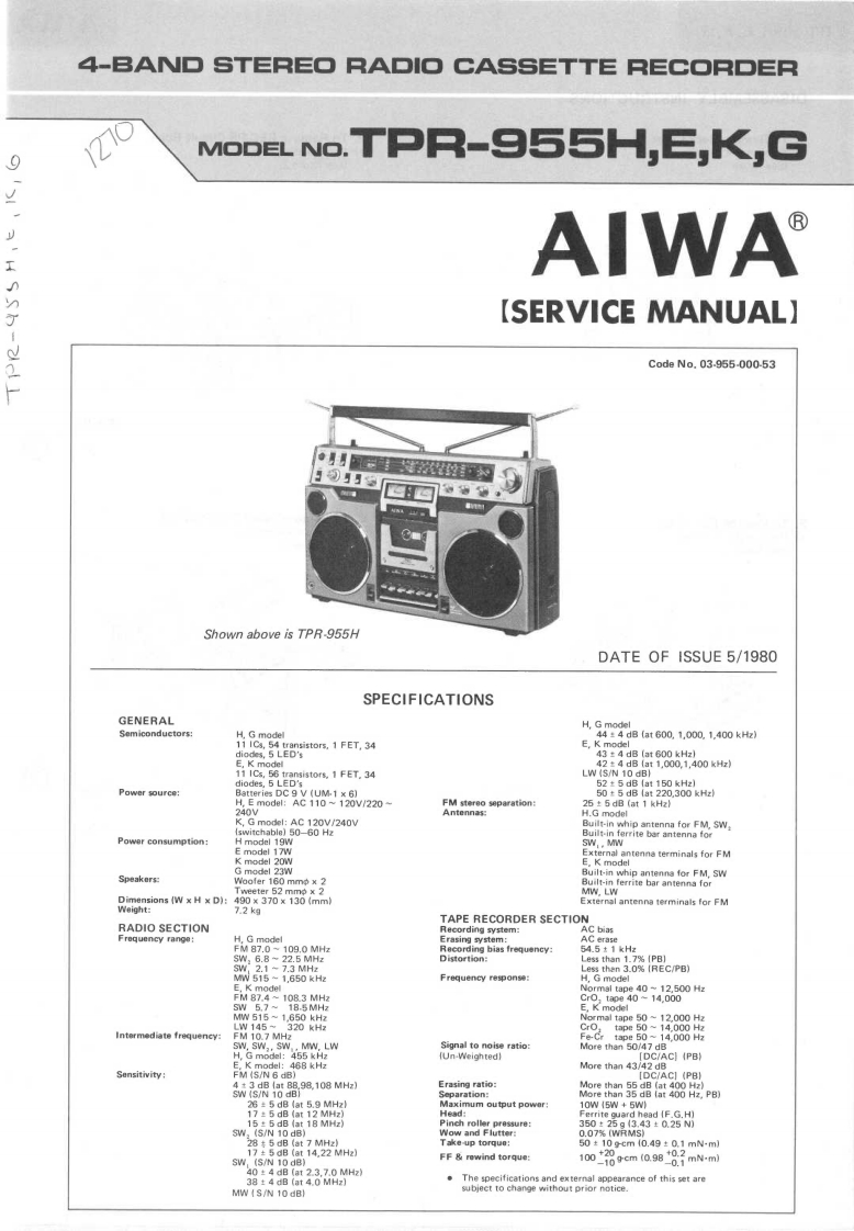Aiwa-TPR955-tape-维修说明书手册含电器原理图