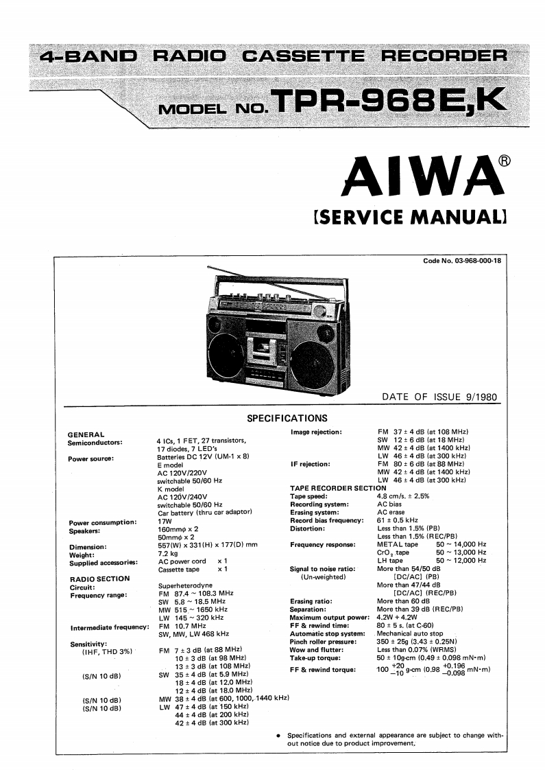Aiwa-TPR968-tape-维修说明书手册含电器原理图