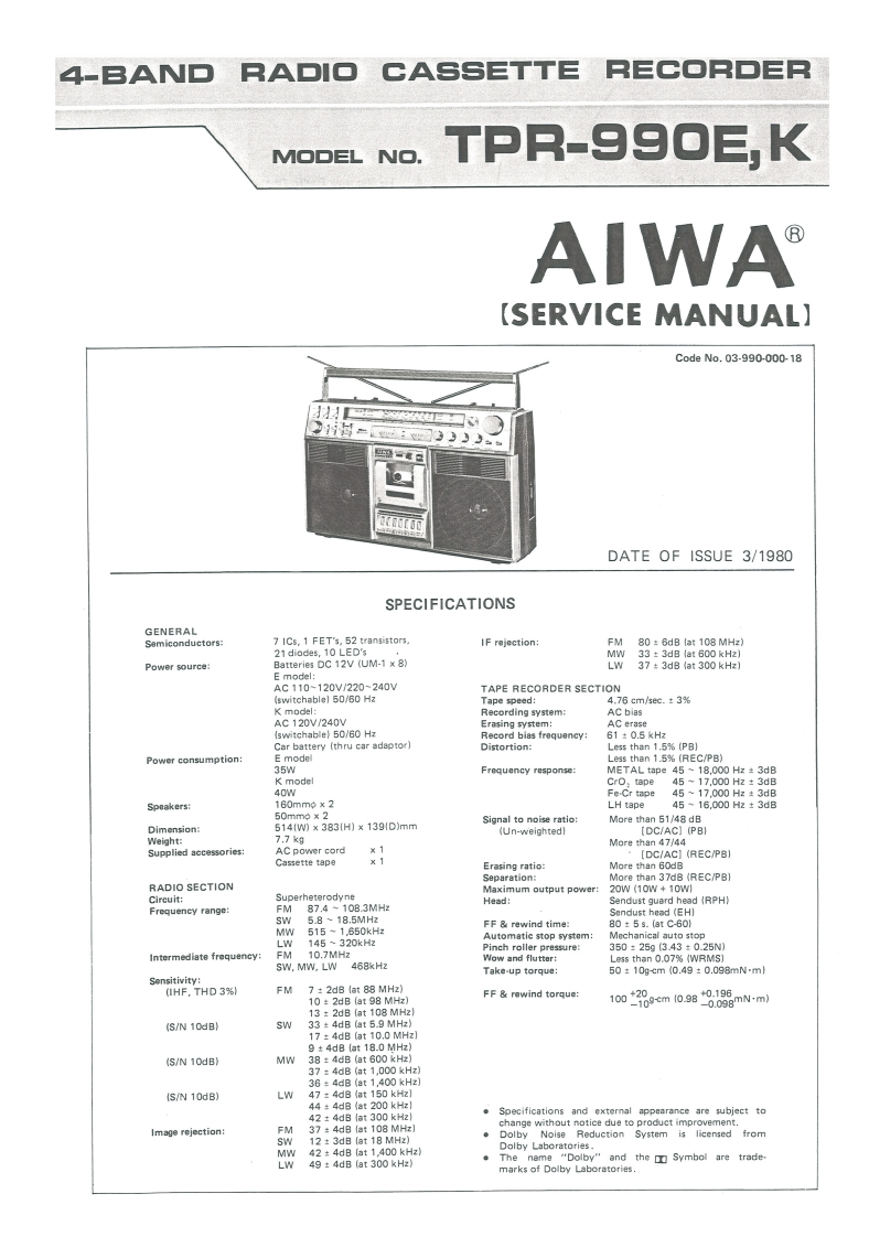 Aiwa-TPR990-tape-维修说明书手册含电器原理图