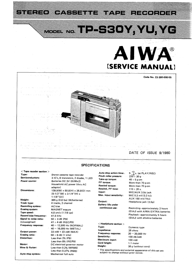 Aiwa-TPS30-tape-维修说明书手册含电器原理图