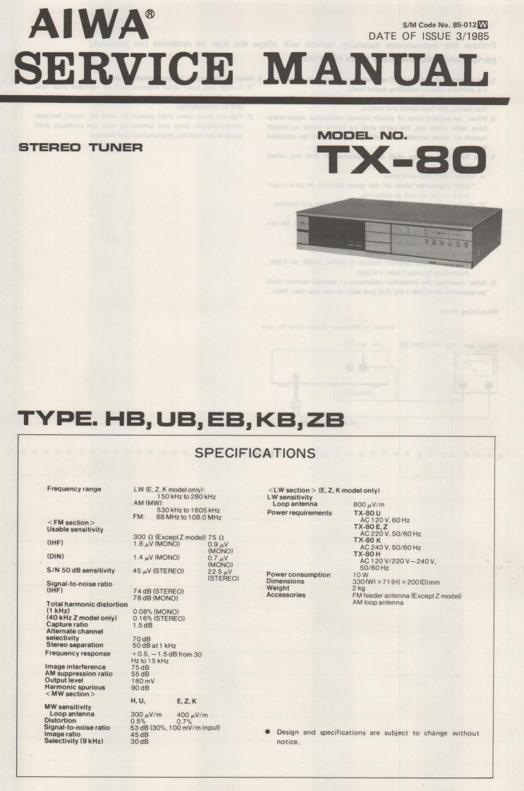 Aiwa-TX80-tun-维修说明书手册含电器原理图
