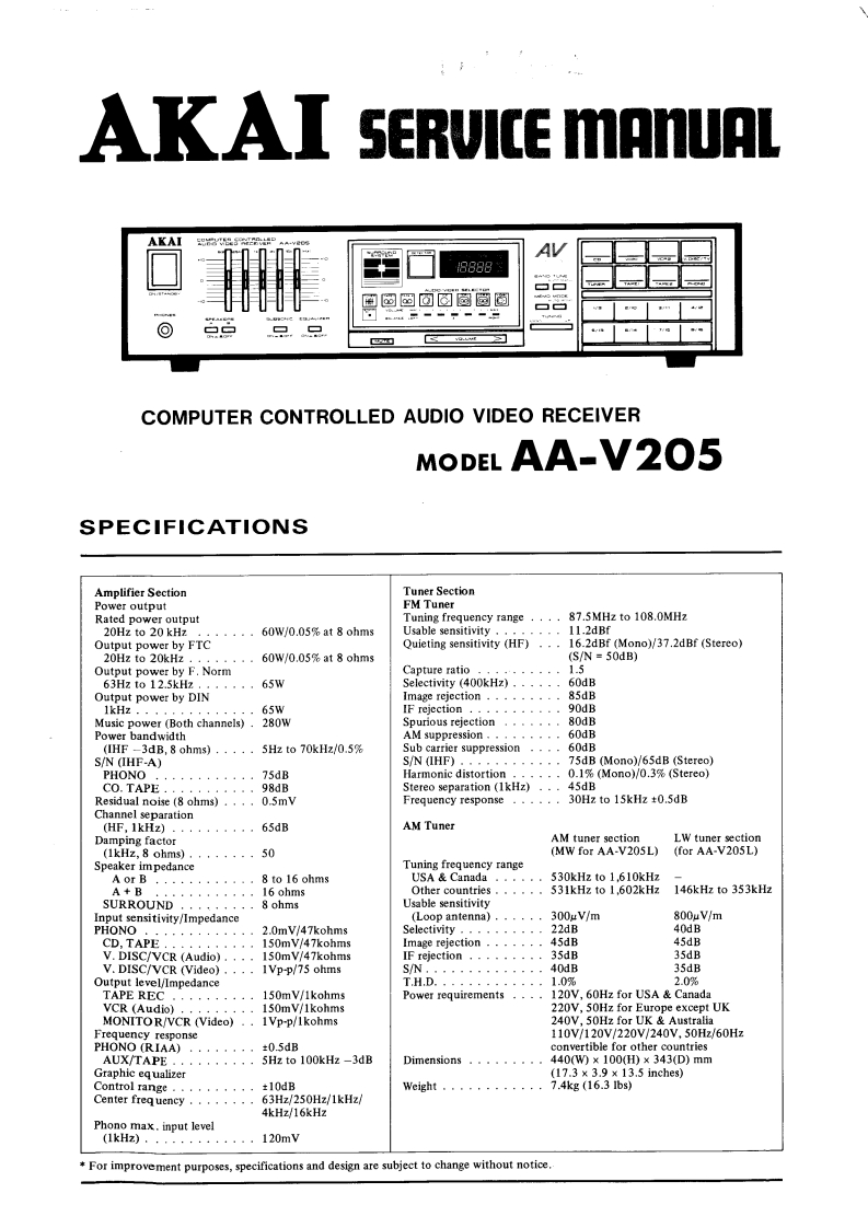 Akai-AAV205-avr-维修说明书手册含电器原理图