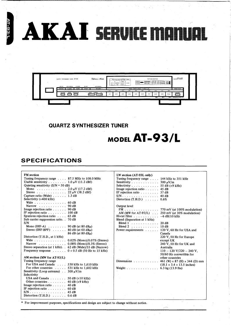 Akai-AT93-tun-维修说明书手册含电器原理图