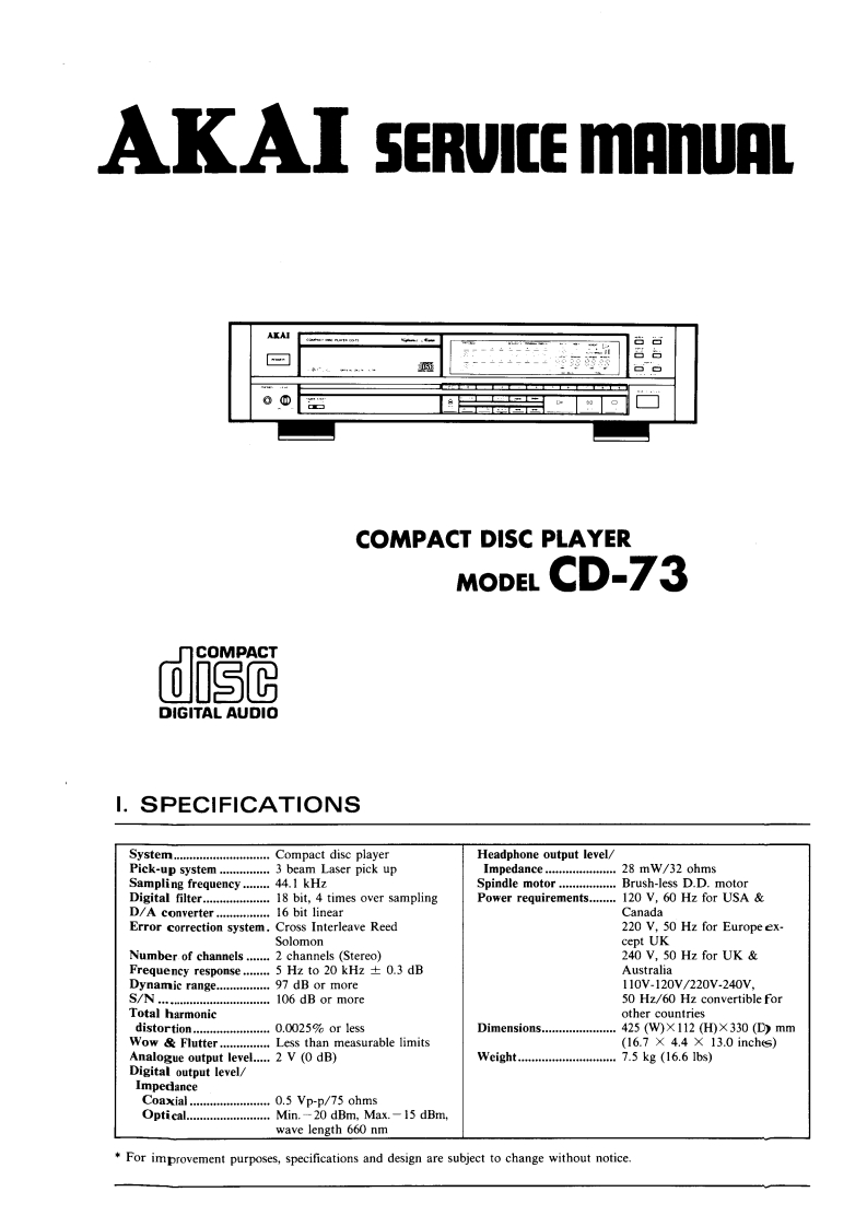 Akai-CD73-cd-维修说明书手册含电器原理图