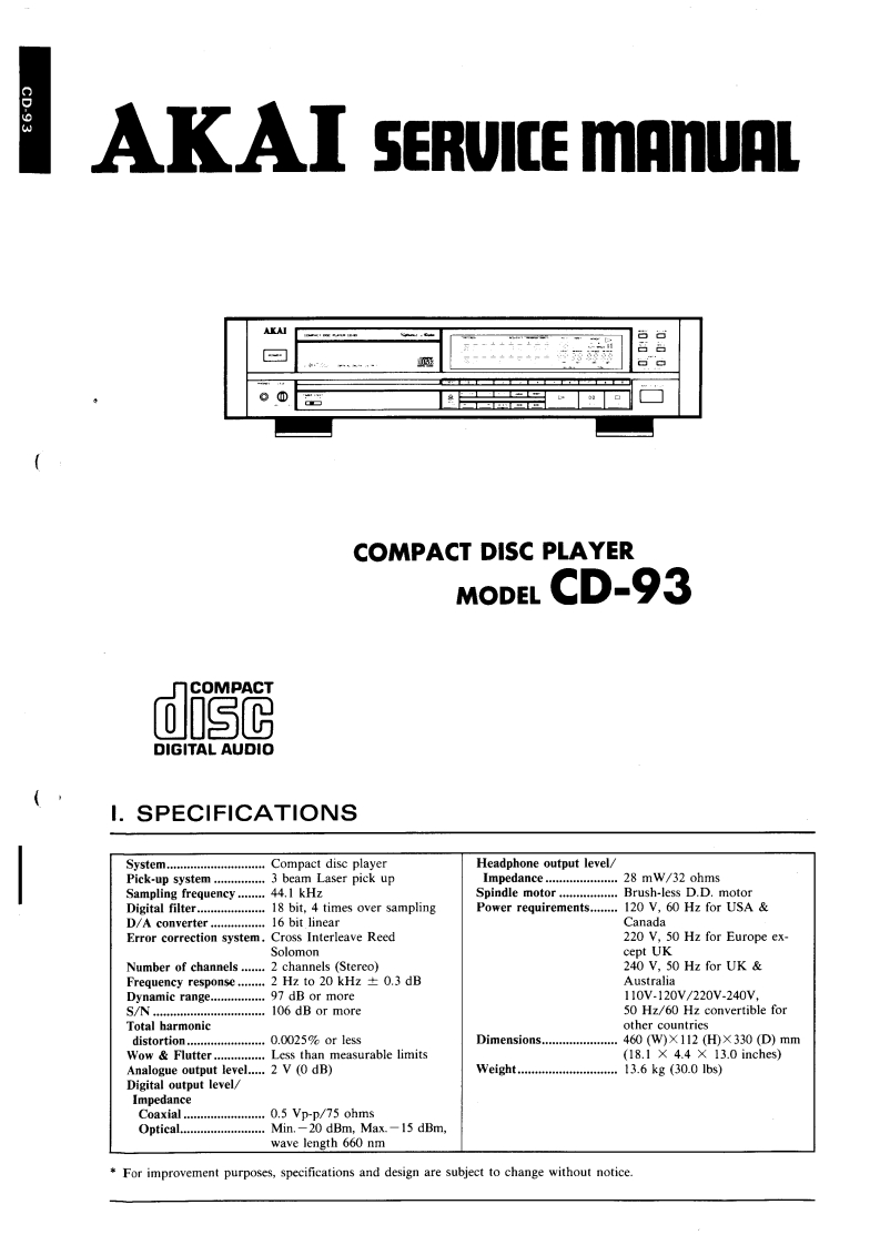 Akai-CD93-cd-维修说明书手册含电器原理图