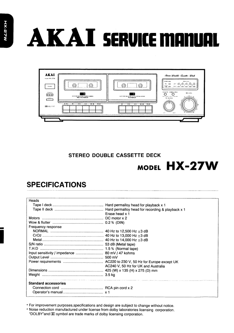 Akai-HX27W-tape-维修说明书手册含电器原理图