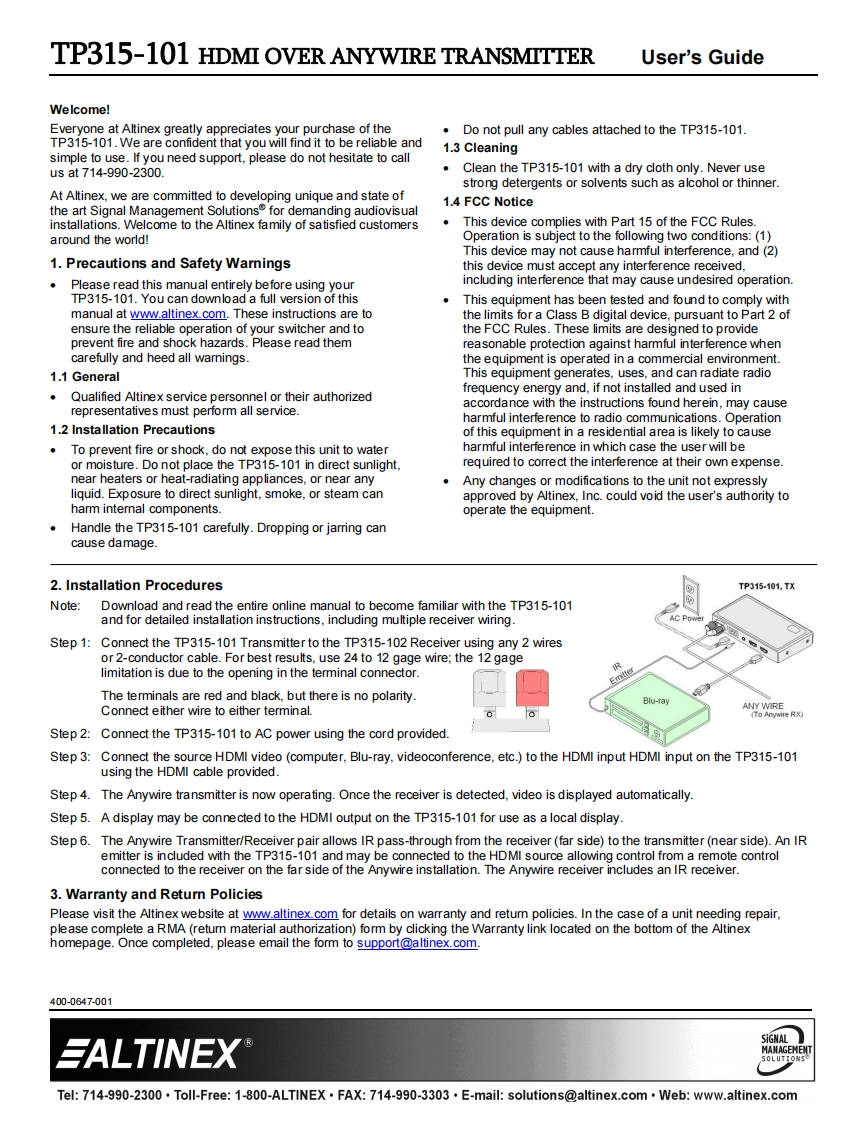 Altinex-TP315-101-操作说明书手册