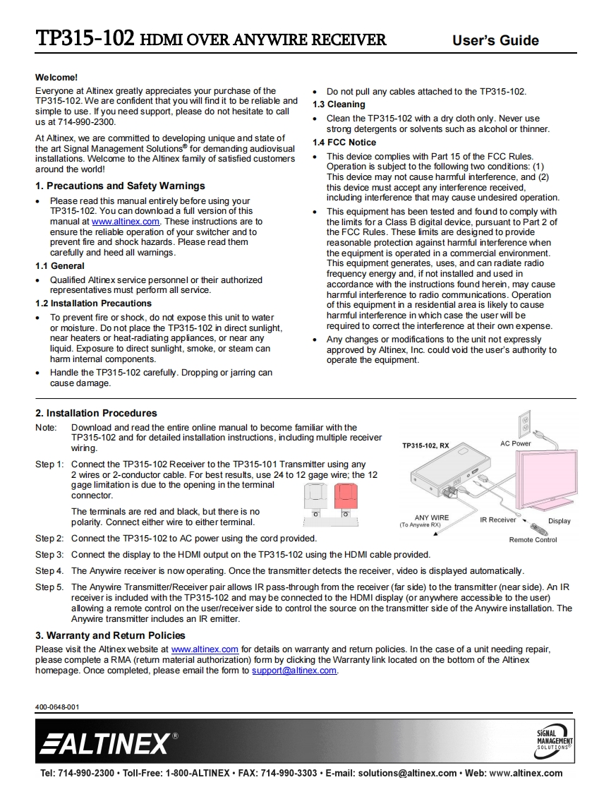 Altinex-TP315-102-操作说明书手册