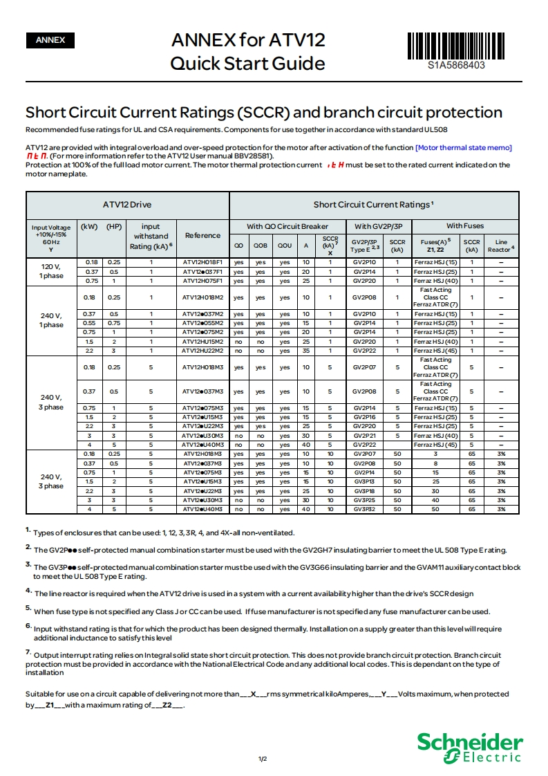 Altivar12-Quickstartguide-Shortcircuitcurrentratings安装操作说明书手册