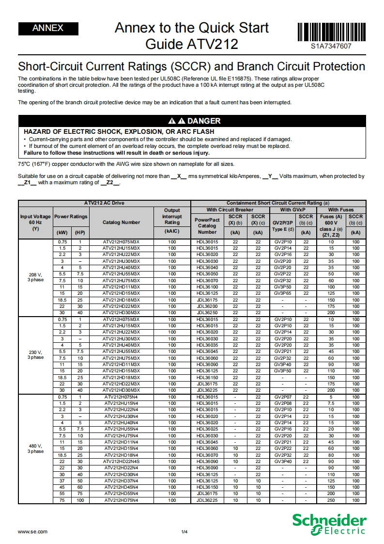 Altivar212-Quickstartguide-Shortcircuitcurrentratings安装操作说明书手册
