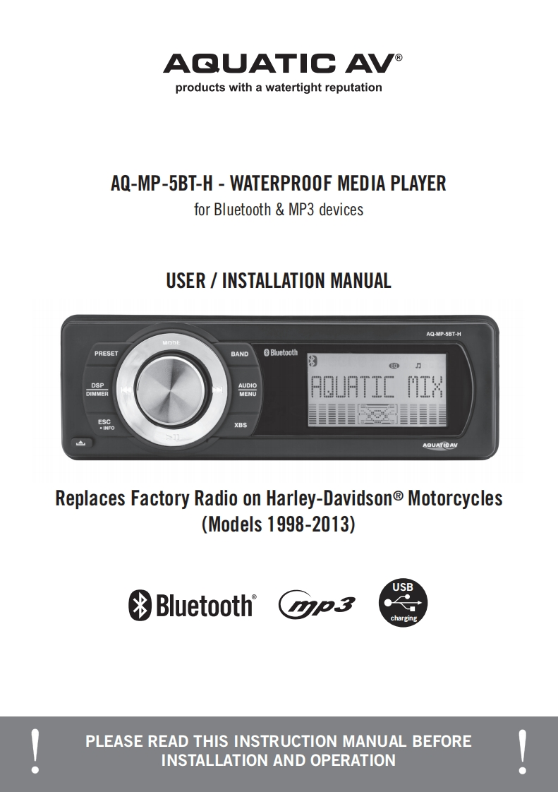 AquaticAVMP5WaterproofBluetoothStereoforHarleyDavidson(AQ-MP-5BT-H)快速操作说明书手册