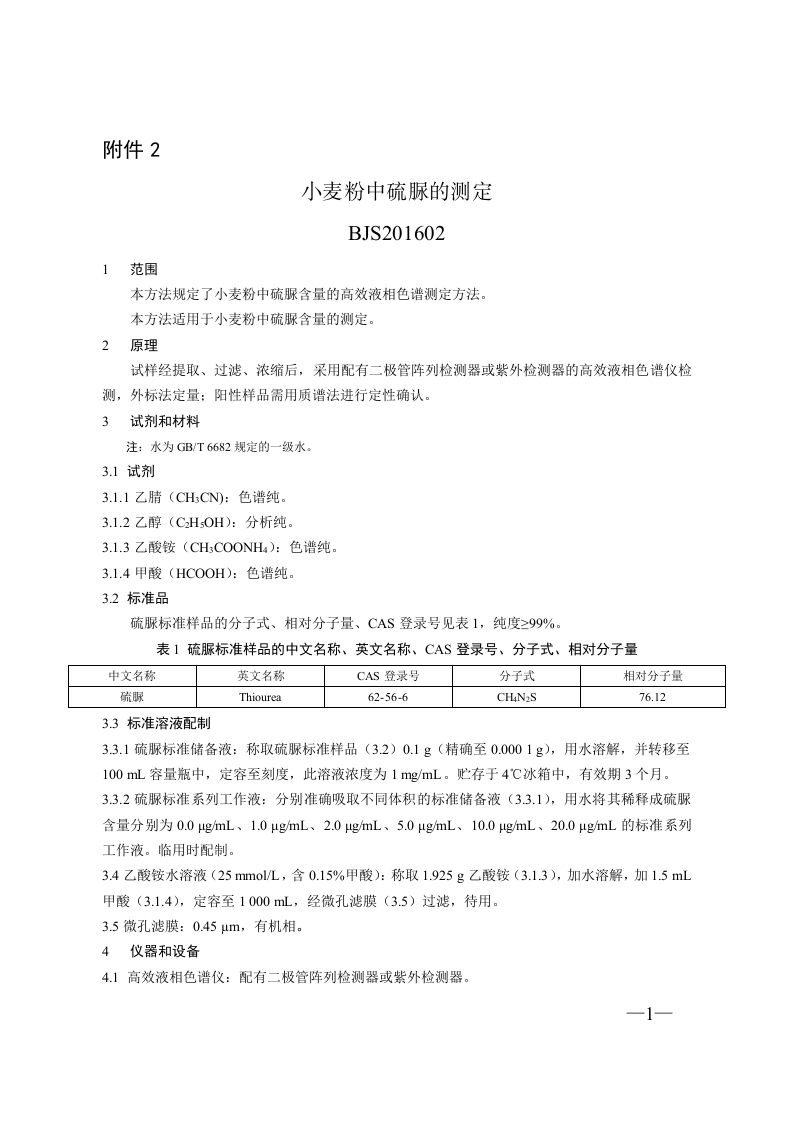 BJS201602小麦粉中硫脲的标准测定