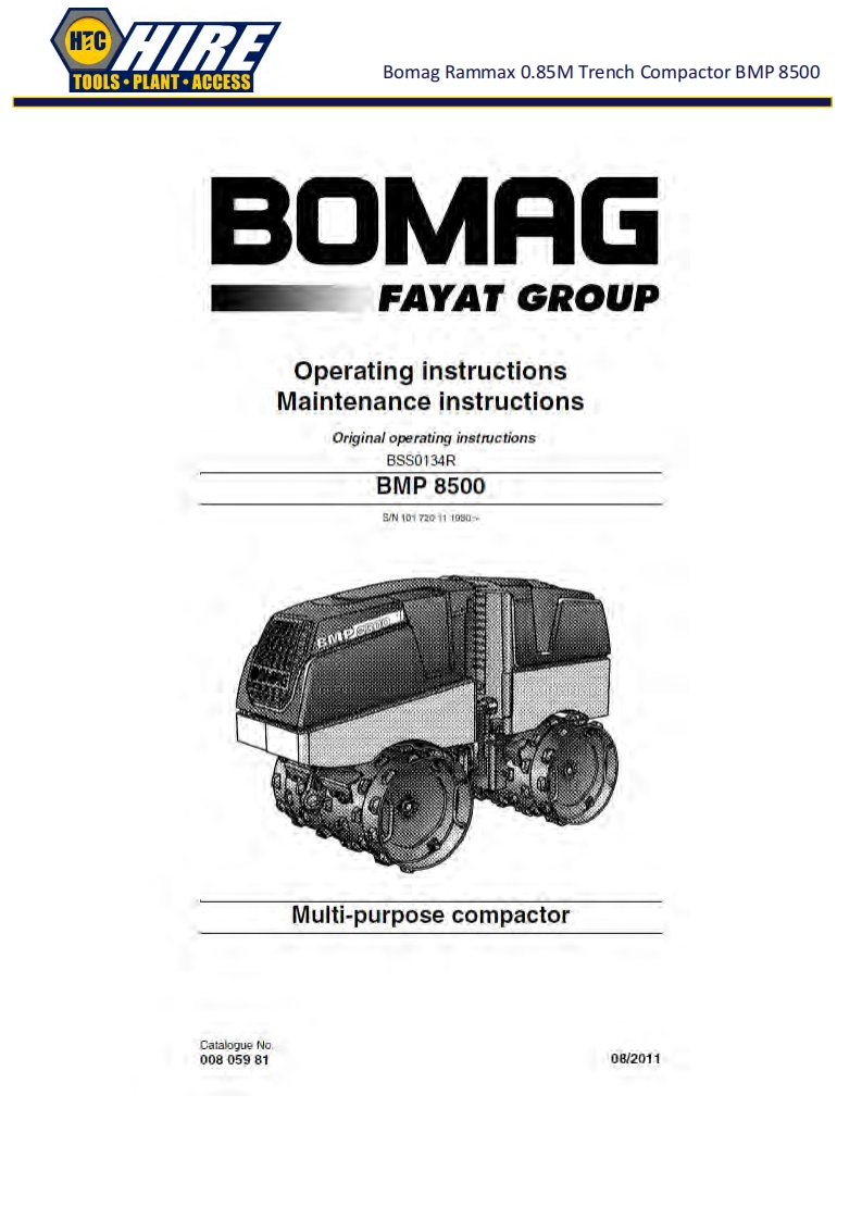 BOMAG-BMP-8500-0.85M-TRENCH-COMPACTOR-Manual操作说明书手册-HTC