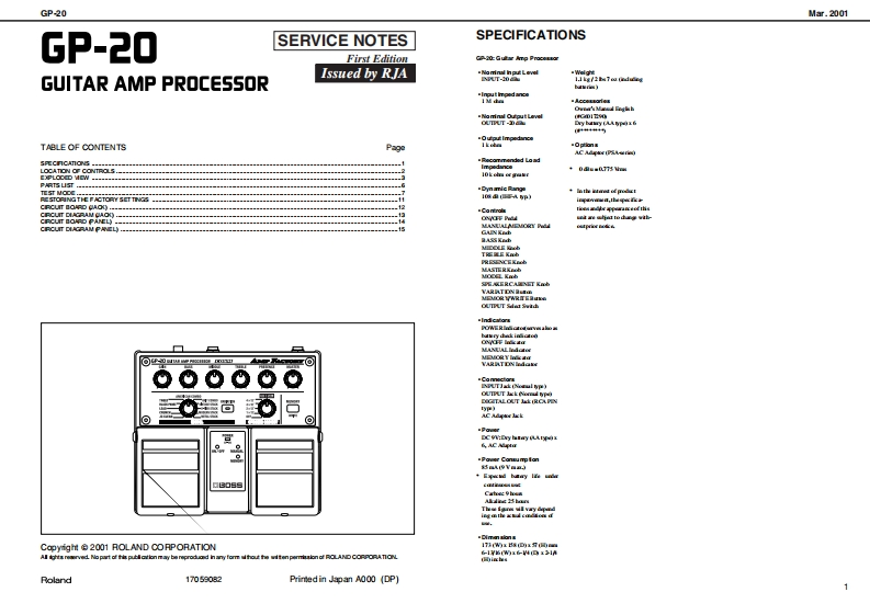 Boss_GP-20_Effects_Processor_Service_Manual维修服务手册含电器原理图