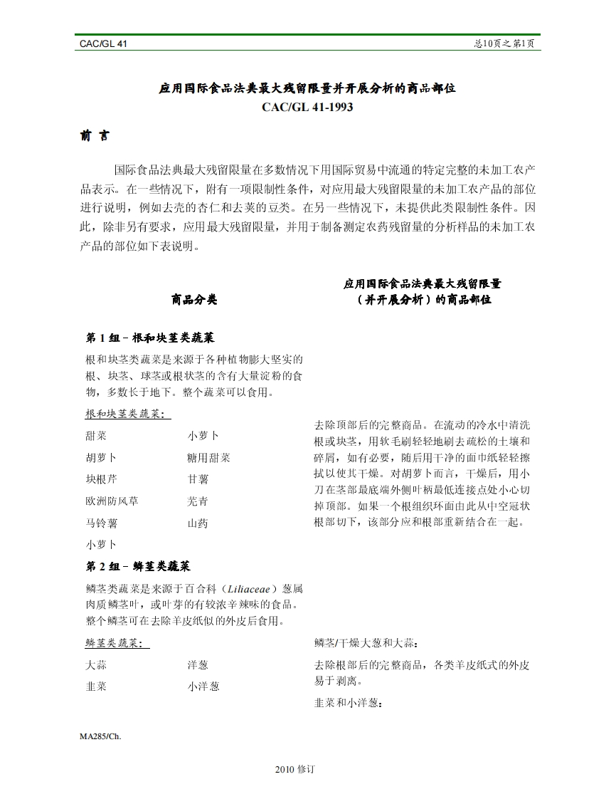 CAC_GL41-1993农药残留分析：农药残留分析中适用于法典农药残留分析标准的商品