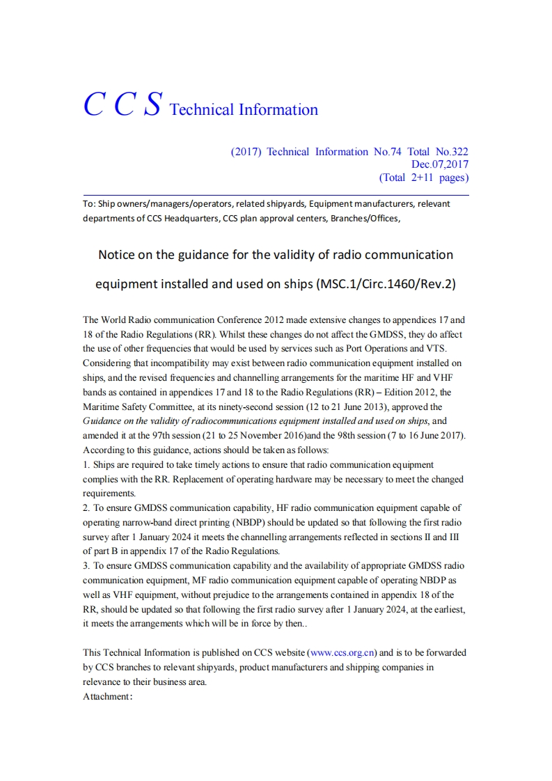 CCSTI.322(EN)Noticeontheguidanceforthevalidityofradiocommunicationequipmentinstalledandusedonships(MSC.1_Circ.1460_Rev