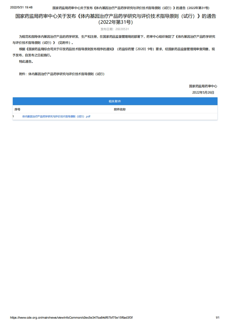 CDE_体内基因治疗产品药学研究与评价技术指导原则（试行）（2022年第31号）
