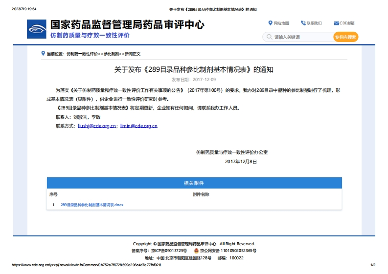 CDE_关于发布《289目录品种参比制剂基本情况表》的通知