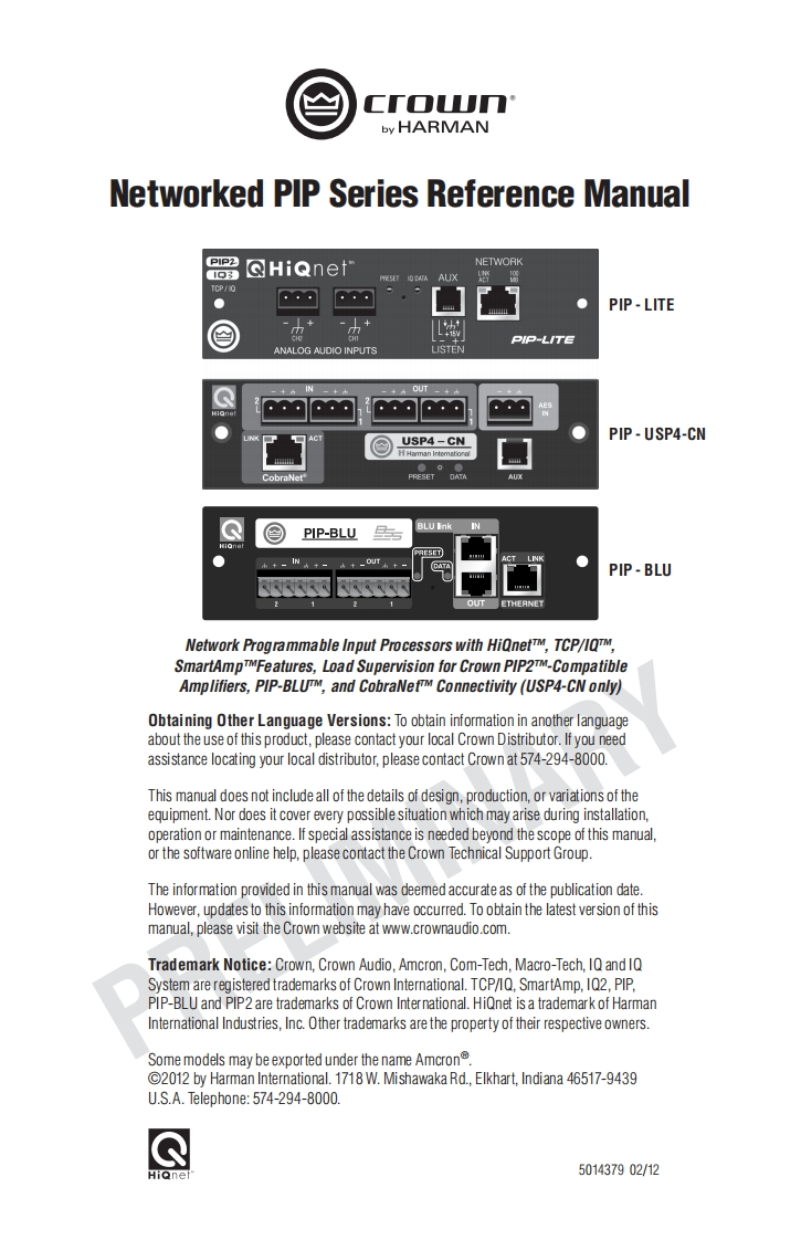 CROWN-5014379_Networked-PIP_Reference_操作说明书手册_042412