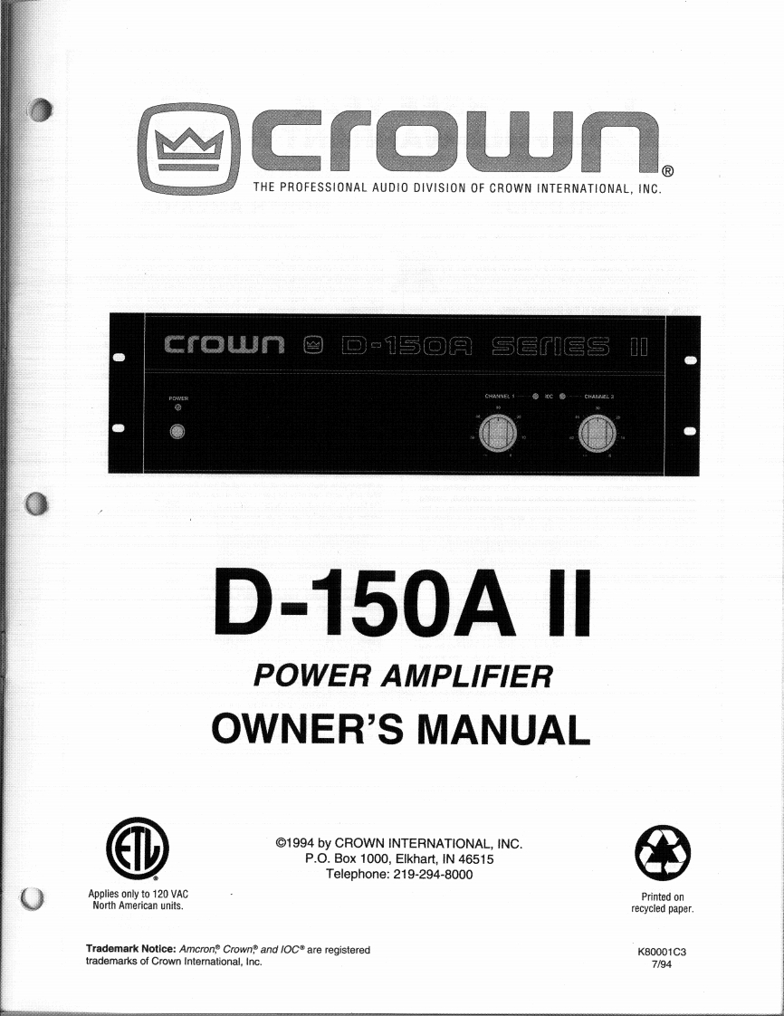 CROWN-D-150AII-Owners-操作说明书手册-1-of-3-D150ASIIownersmanual_1-of-3