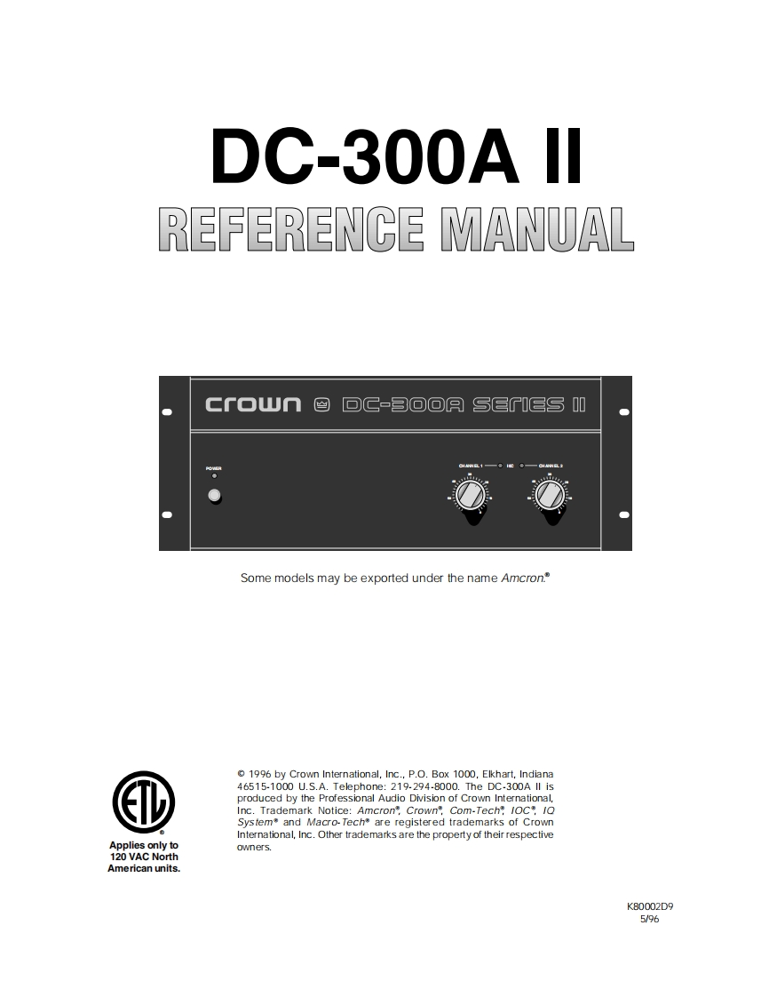 CROWN-DC-300AII-Reference-操作说明书手册-dc300a2