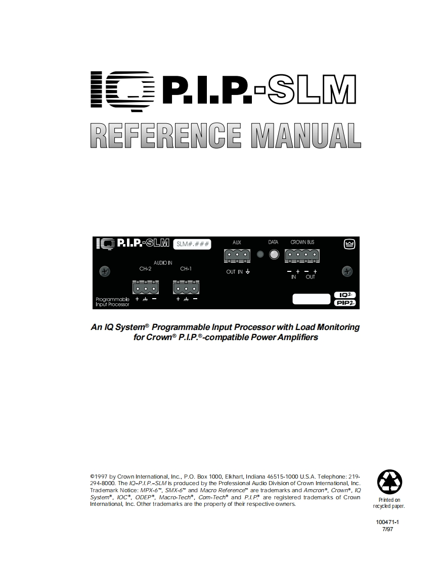 CROWN-IQ-PIP-SLM-Reference-操作说明书手册-100471