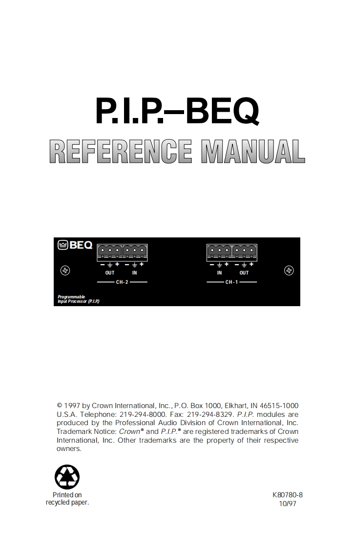 CROWN-PIP-BEQC-PIP-BEQX-Reference-操作说明书手册-k80780