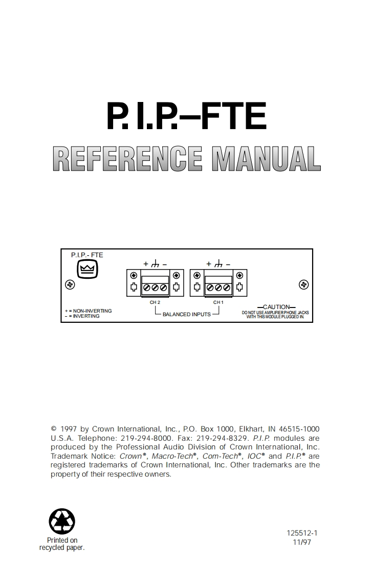 CROWN-PIP-FTE-Reference-操作说明书手册-pipfte