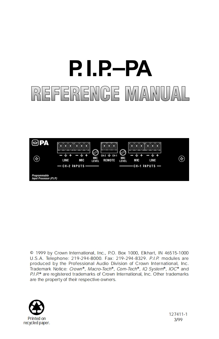 CROWN-PIP-PA-Reference-操作说明书手册-127411