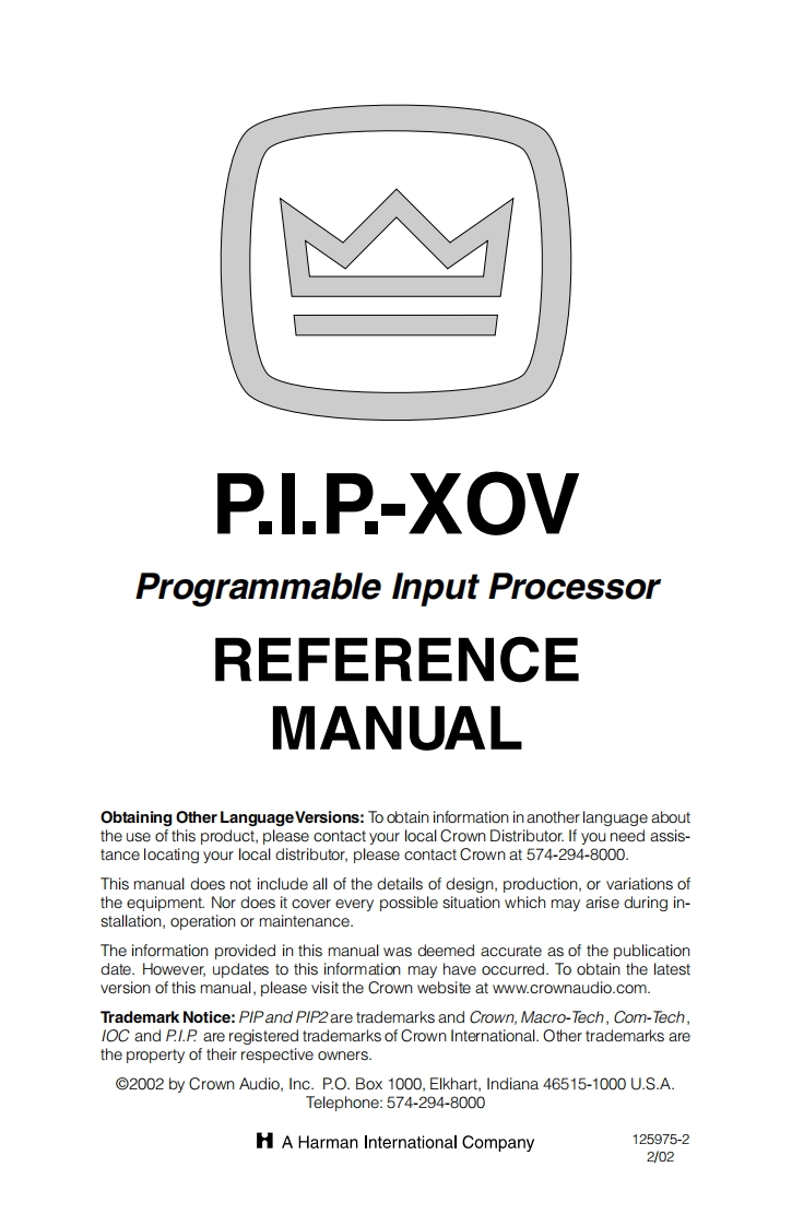 CROWN-PIP-XOV-Reference-操作说明书手册-125975