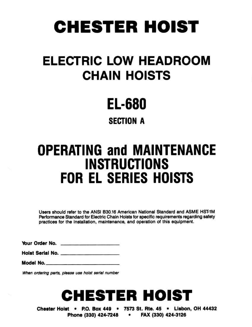 Chester-EL-680-Electric-Hoist-操作说明书手册