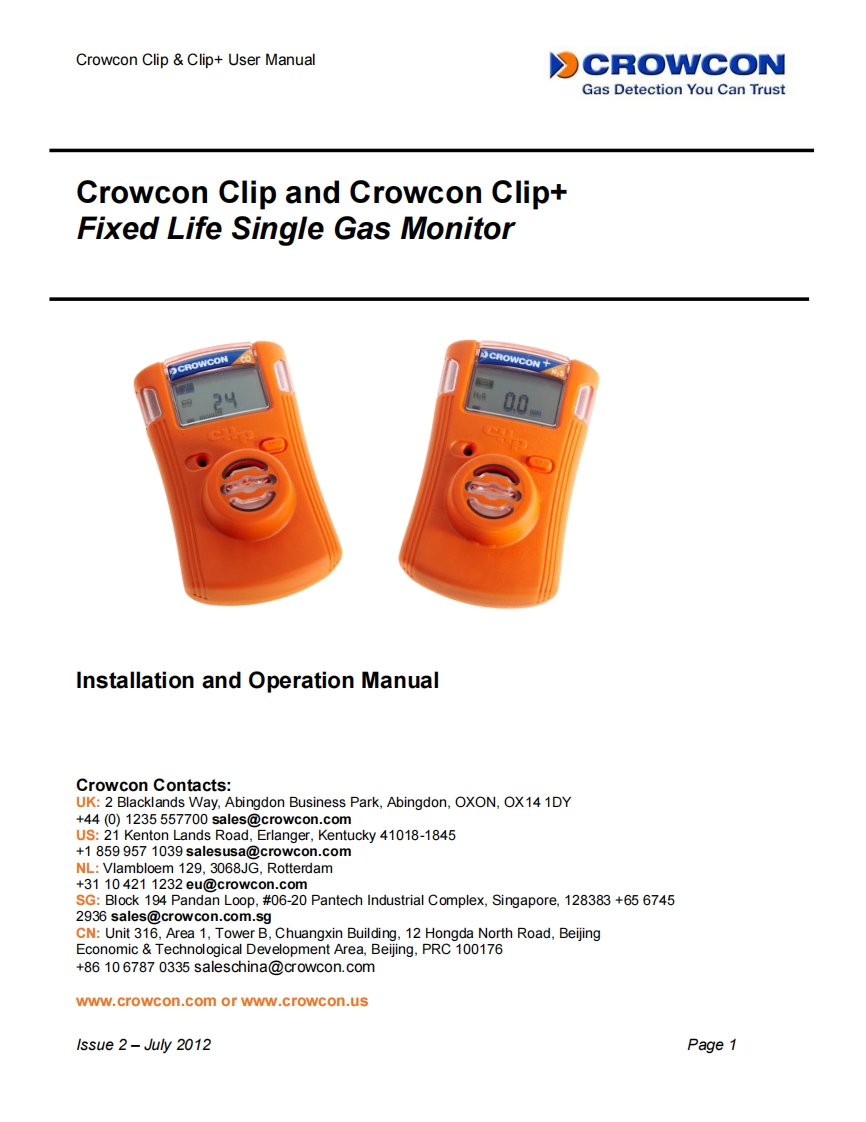 Crowcon-Clip-and-ClipPlus-使用说明书手册-Issue-2-July-2012-GB