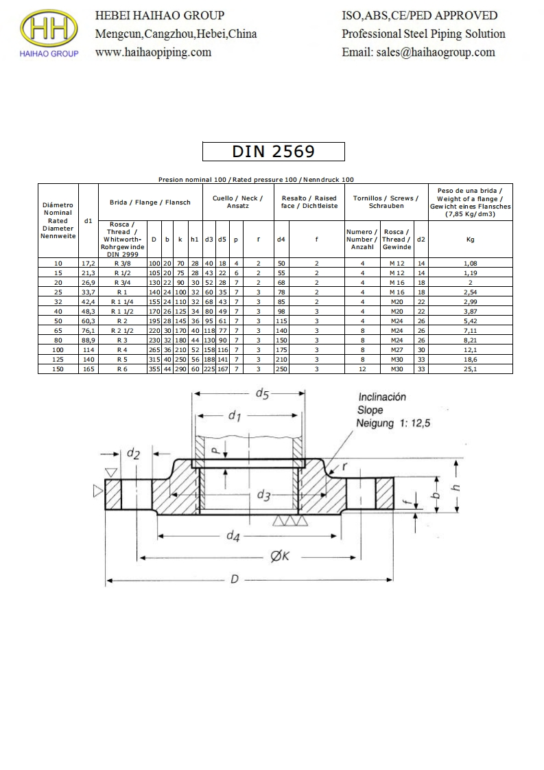 DIN-2569-PN100-BSPT-Threaded-Flanges-with-Neck-Dimensions参考标准规范