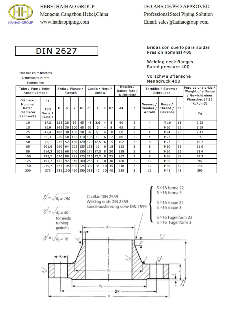 DIN-2627-PN400-Welding-Neck-Flanges-Dimensions参考标准规范