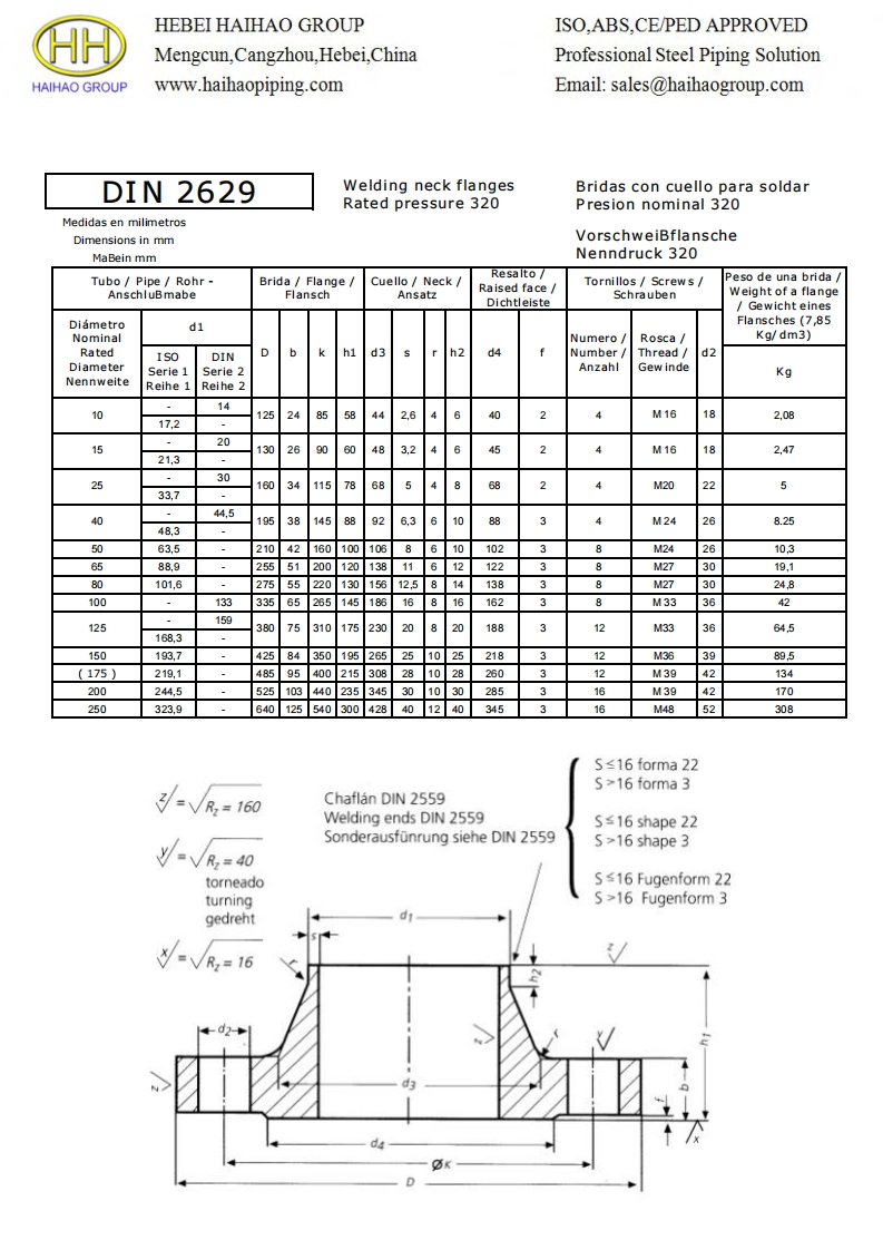 DIN-2629-PN320-Welding-Neck-Flanges-Dimensions参考标准规范