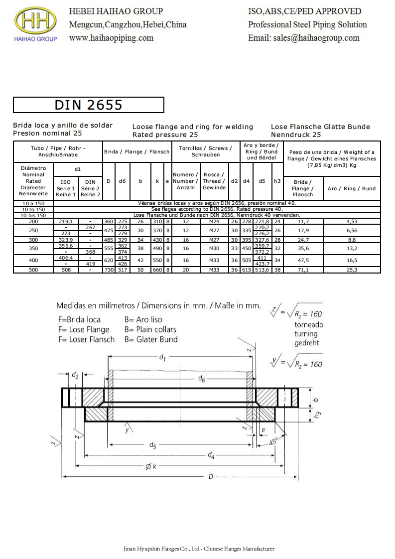 DIN-2655-PN25-Loose-Flanges-and-Rings-for-Welding-Slip-On-Flange-and-Plain-Collars参考标准规范