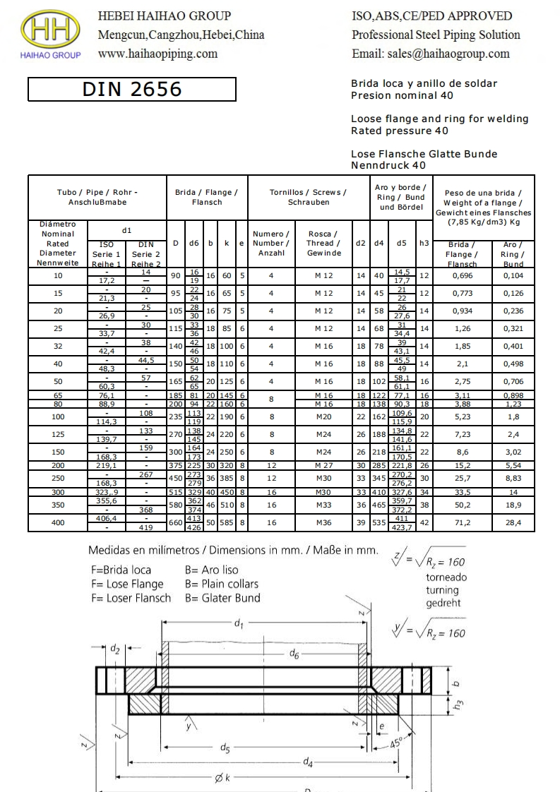 DIN-2656-PN40-Loose-Flanges-and-Rings-for-Welding-Slip-On-Flange-and-Plain-Collars参考标准规范